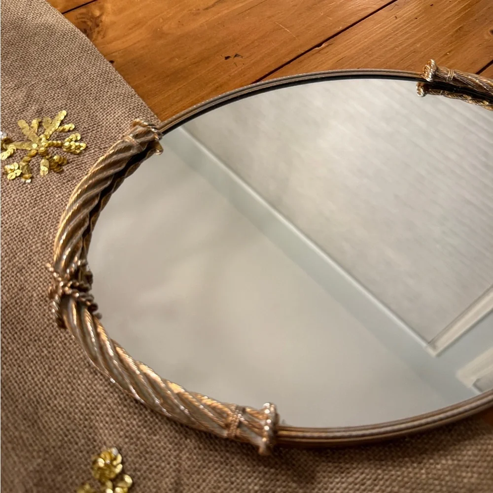 Vintage Stylebuilt Oval Mirrored Vanity Tray Organizer Rope Bow Gold Tone